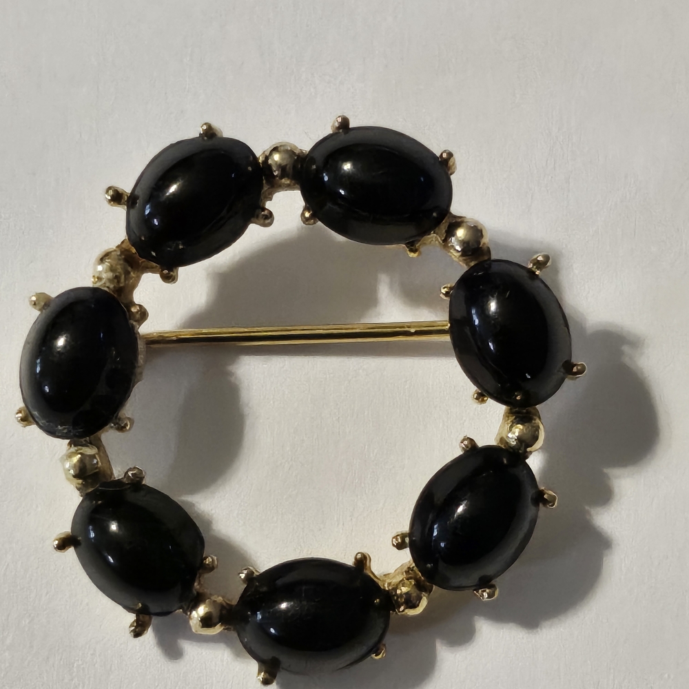 Vintage Black Cabochon Circle Brooch, Round Wreath Shape, Retro, Turtle Costume